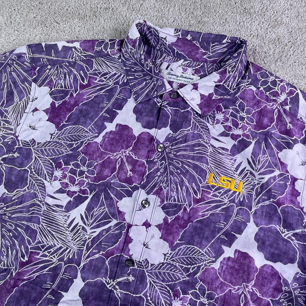 LSU Tigers Shirt Mens XL Purple Floral Tommy Bahama Coconut Point Button Down